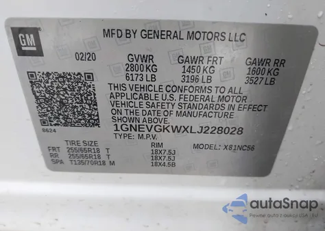 2020 Chevrolet Traverse Awd Lt Cloth from USA, damaged, VIN 1GNEVGKWXLJ228028